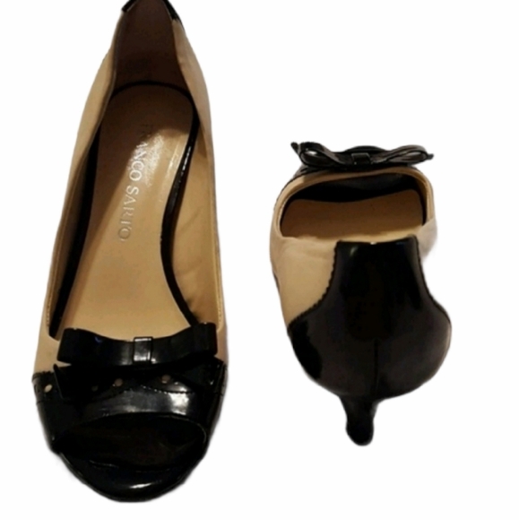 Franco Sarto-Leather Peep‎ Toe Black & Cream Heels - Picture 1 of 7